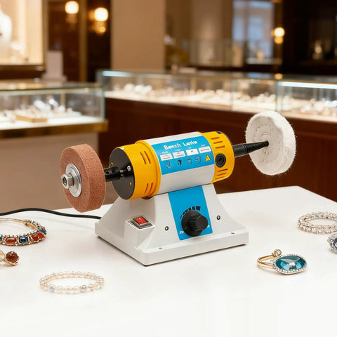 Industrial Strength Bench Buffer And Jewelry Polisher With Variable Speed Drive 320W Motor on a display table with jewelry pieces