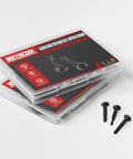 Heavy Duty Number 12 X 1 Inch Pan Head Sheet Metal Screws Phillips Drive Self Tapping Wood Screws Black Oxide 410 Stainless Steel 50 Pack in packaging with sample screws.