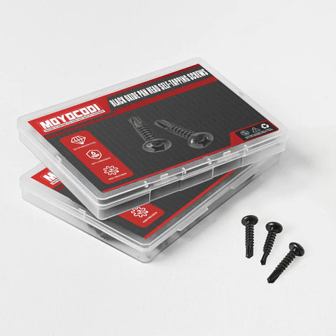 Heavy Duty Number 12 X 1 Inch Pan Head Sheet Metal Screws Phillips Drive Self Tapping Wood Screws Black Oxide 410 Stainless Steel 50 Pack in packaging with sample screws.