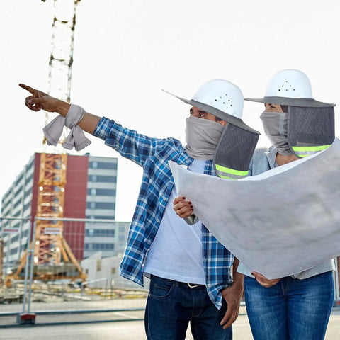 Two Piece Hard Hat Sun Shade With Full Brim Visor And Mesh Neck Gaiter High Visibility Reflective Bandana Face Scarf For Construction Helmets Grey On Job Sites