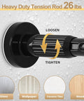Close-up of heavy duty tension curtain rod 26 lbs with loosen and tighten mechanism and material compatibility icons.