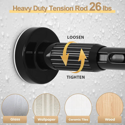 Close-up of heavy duty tension curtain rod 26 lbs with loosen and tighten mechanism and material compatibility icons.