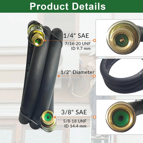 Front view of NHB1 6ft HVAC vacuum hose, 1/2 in ID with 3/8-1/4 in brass adapters, black hose.