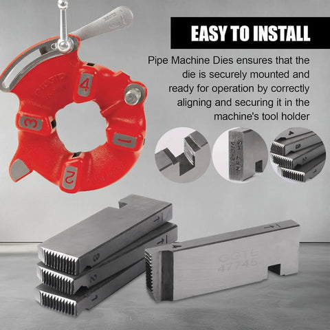 Heavy Duty 4-Piece Pipe Threading Die Set For 1 To 2 Inch Pipes with detailed view of cutting edges and red die head