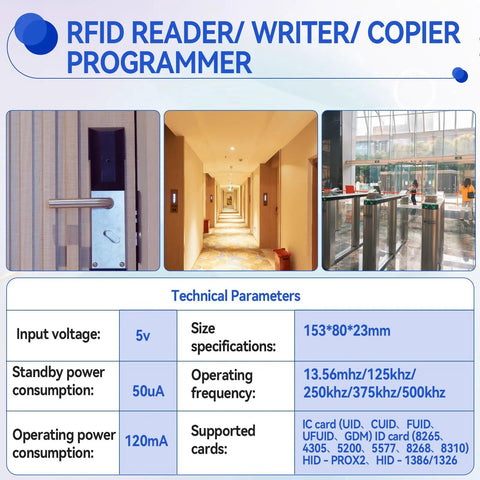 Diagram for Multi-Frequency RFID Card Duplicator And Copier For Access Control, Home Security And Elevator Cards, technical specs shown.