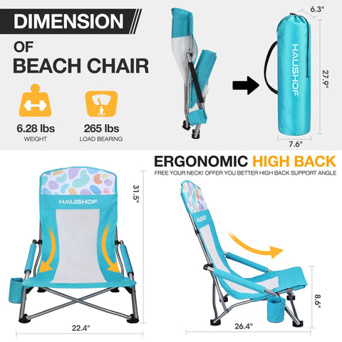 Low Seat High Back Beach Chair With Mesh Back Folding Design Lightweight Grab And Go Outdoor Camping Chair With Cup Holder Padded Armrest Carry Bag For Beach Lawn Picnic Festival And All Day Comfort with ergonomic high back and bag dimensions.