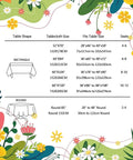 Size chart for rectangle and round tablecloths with floral border design