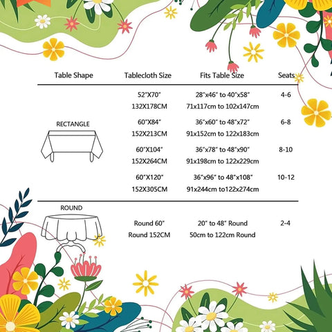 Size chart for rectangle and round tablecloths with floral border design