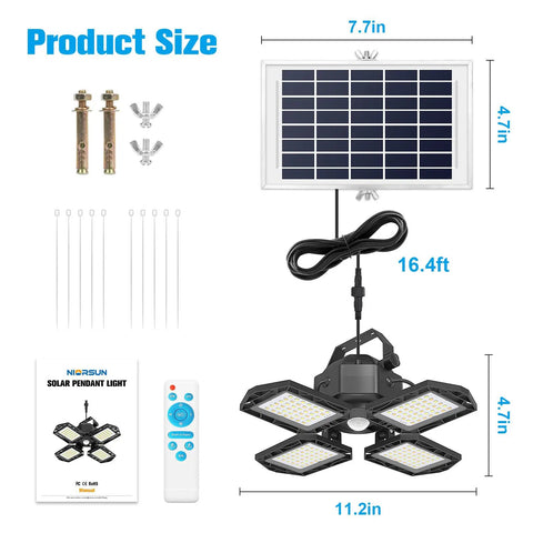 Diagram showing components of 4-Head Outdoor Solar Pendant Light With Motion Sensor, 3 Color Temperature Options, 4 Modes, Remote.