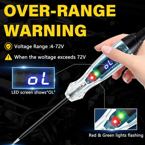 Upgraded Automotive Buzzer Test Light 4-72V DC Circuit Tester With Anti-Lost Needle Guard, Integrated Protection, Portable LED Indicator, Easy Carry Vehicle Electrical Diagnostic Tool showing over-range warning and LED lights