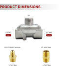Gas pressure regulator for natural gas and LPG with 1/2 in NPT inlet/outlet and two brass 1/2 in NPT adapters.