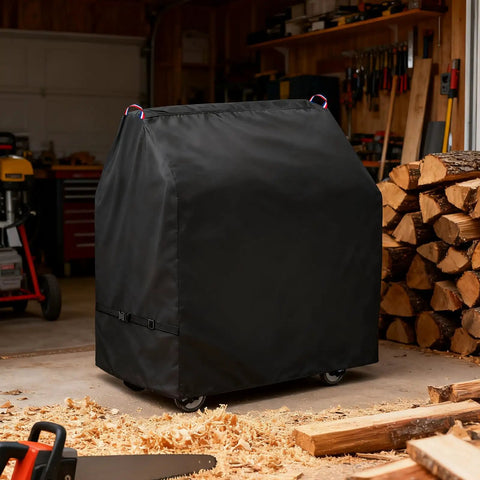 Heavy Duty 600D Bandsaw Cover For Deluxe Horizontal And Vertical Tabletop Saws All Weather Dustproof Protection Heavy Duty Construction Fits 47.3 Inches Long 30 Inches Wide 50 Inches High, covering a bandsaw in a workshop with wood shavings