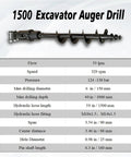 6 Inch Auger Drill For Mini Excavator With 2 Hydraulic Hoses, Heavy Duty Auger Bit, 40 Inch Drilling Depth, Specifications Chart
