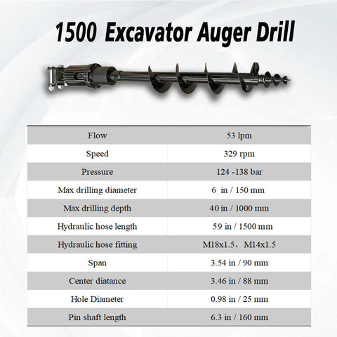 6 Inch Auger Drill For Mini Excavator With 2 Hydraulic Hoses, Heavy Duty Auger Bit, 40 Inch Drilling Depth, Specifications Chart