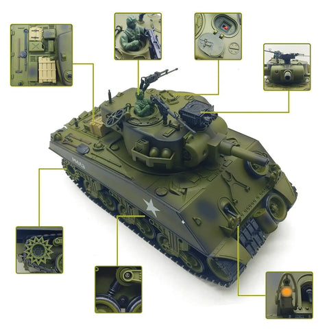 Remote Control Battle Tank 15 Channel 2.4GHz RC Tank One Twentieth Scale Sherman M4A3 details with turret and tracks overview.