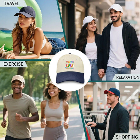Collage of people wearing Lightweight Adjustable Womens Cap For World Down Syndrome Day Awareness March 21 Washed Distressed Low Profile Baseball Hat Totally Built For Running Or Everyday Wear With Adjustable Buckle Fit in various activities like travel, exercise, relaxation, and shopping.