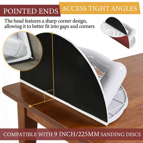 Ergonomic Drywall Corner Sander Kit With 12 Reusable 9 Inch Hook And Loop Discs, pointed ends for sanding edges on table.