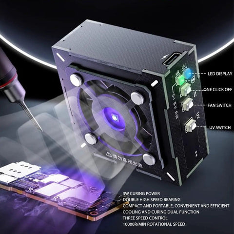Rechargeable Solder Fume Extractor With Fast Cooling featuring LED display and USB port, extracting fumes from a circuit board.
