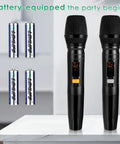 Dual wireless microphones with batteries on display, part of the 5 Channel Audio Mixer With Dual Wireless Microphones For Live Streaming.