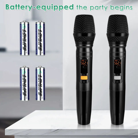 Dual wireless microphones with batteries on display, part of the 5 Channel Audio Mixer With Dual Wireless Microphones For Live Streaming.