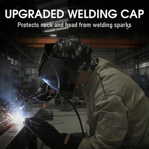 Welder wearing Reversible Welding Cap Skull Style with 260g Martin Fireproof Outer Fabric and 100 Percent Cotton Lining in workshop.
