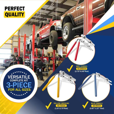 Three Pack Hydraulic Seal Installation Tools Kit For Cylinder Piston Repair And U-Cup Rod Seals Pro Grade Upgraded includes red, yellow, blue tools with size guide