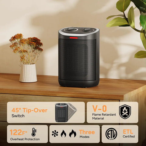 Compact 1500W Ceramic Space Heater For Desk And Home Use Heats Fast And Keeps You Cozy With Thermostat On a Wooden Surface