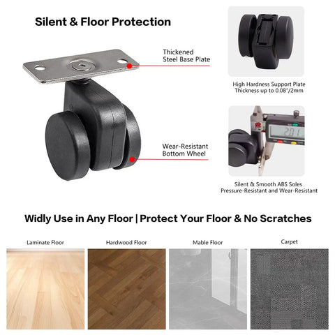 Set Of 4 Dead Silent Caster Wheels With Auto Locking Stem and 360 Swivel Top Plate for Furniture, showing steel base and wear-resistant design.