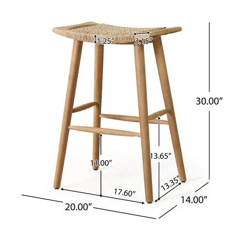Dimensions of Magwen Outdoor Acacia Wood Barstool With Wicker Set Of Two Rustic Patio Seating for Deck or Garden shown