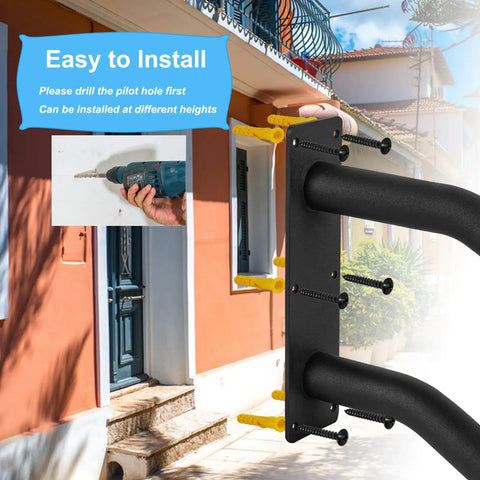 Heavy Duty U Shaped Handrail 2 Pack Wall Mount Stair Support Bar With Tight Non Slip Grip Black Powder Coated Finish installed with drill.