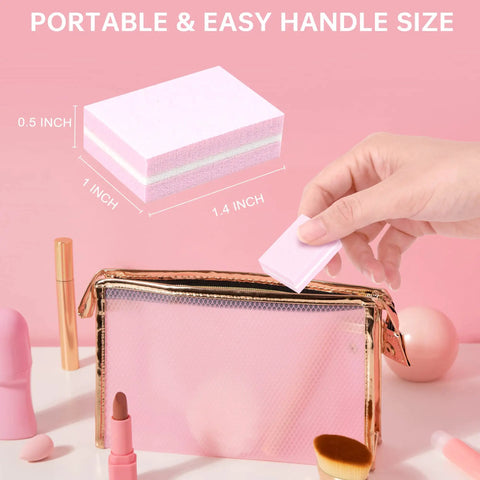 Mini Nail Buffer Blocks Set 100 180 Grit For Nail Prep And Gel Polish in pink, size 1.4" × 1", with makeup bag.