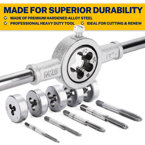 80 Pc SAE And Metric Tap And Die Kit Master Threading Tool Set with tap and die tools and durability label on M25 handle