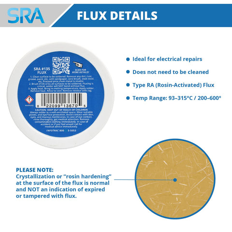 SRA label with details of Rosin Paste Solder Flux For Electronics No Clean Formula Lead And Lead Free Solder On Circuit Boards.