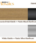 Toast Oak finish with matte black hardware and white finish with matte silver hardware samples for storage organization.