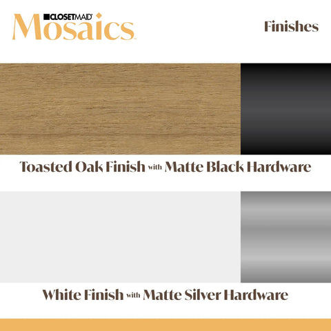 Toast Oak finish with matte black hardware and white finish with matte silver hardware samples for storage organization.