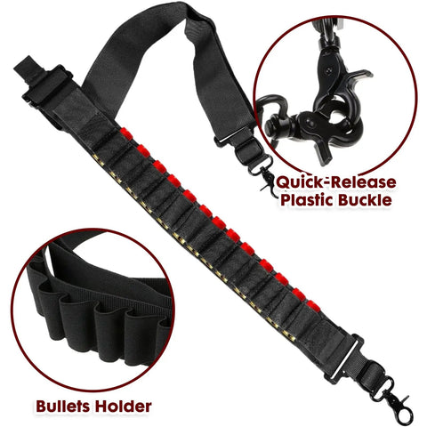 Black Tactical Ammo Sling For Shotgun And Rifle, Adjustable Shell Belt That Holds 15 Rounds, Fits 12 Gauge And 20 Gauge, Outdoor Bandolier with quick-release buckle and bullet holder, durable strap for easy carry.