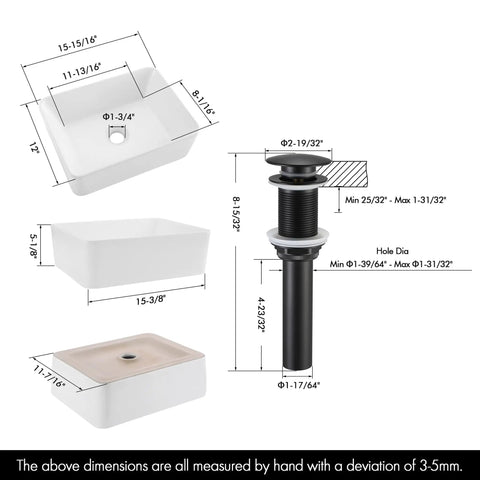 Rectangular Ceramic Vessel Sink For Above Counter Install 16 By 12 Inch White Sink With Pop Up Drain Brass And Stainless Steel Matte Black Finish Includes Drain Assembly Dope Modern Bathroom Vanity Upgrade