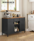 Rustic Brown And Matte Black Finish Metal Storage Cabinet With Two Doors, Adjustable Shelves, in a kitchen setting