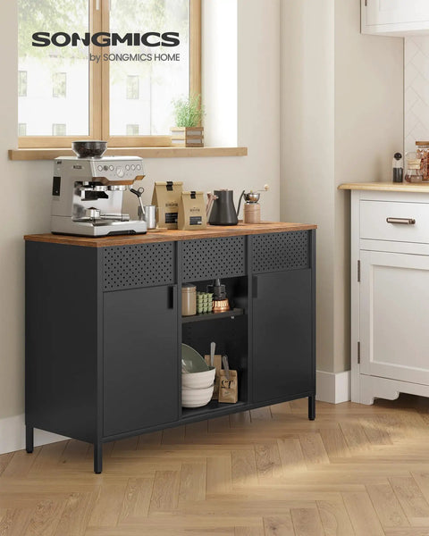 Rustic Brown And Matte Black Finish Metal Storage Cabinet With Two Doors, Adjustable Shelves, in a kitchen setting