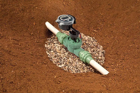 Battery Powered Outdoor Sprinkler Timer For Yard With Four Valve Control, 1 Inch FPT Jar Top Valve installed in soil