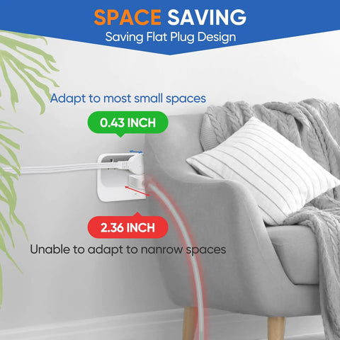 Long Reach Twin Extension Cord Power Strip 12 Foot Dual Outlets With Flat Wall Plug Flexible Split Cables for Behind Couch