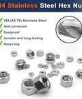 304 stainless steel hex nuts from 2 In 1 SAE And Metric Hex Nut Set In Stainless Steel 510 Piece Nut Kit with anti-corrosion features.
