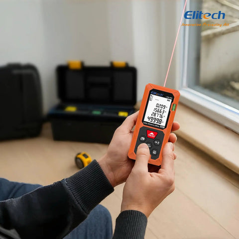 165ft Laser Tape Measure With Bubble Level for Quick, Pro Grade Accuracy and Easy Room Measurements, Digital Distance Tool for Home DIY, Renovations, and Construction Projects orange handheld laser meter measuring room by window