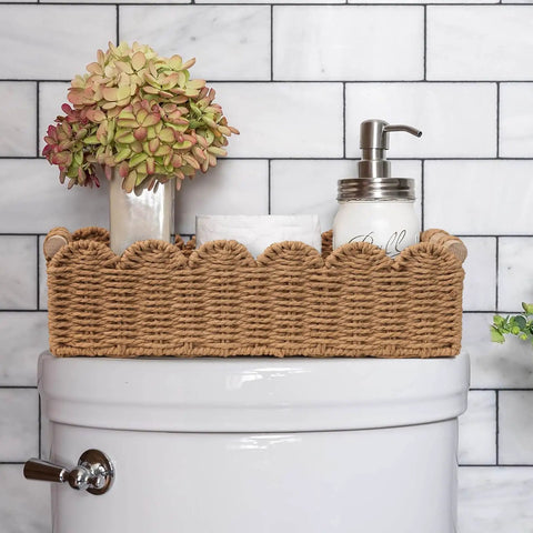 Totally Chic Scalloped Paper Rope Storage Basket With Ridiculously Sturdy Handle For Bathroom Decor And Over The Toilet Organization Super Handy Tissue Holder And Daily Essentials Organizer