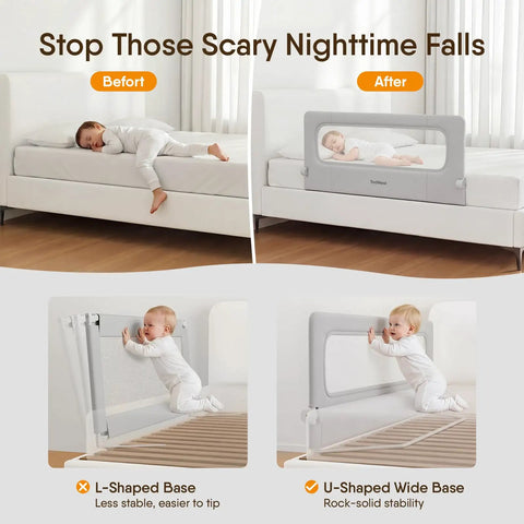 Infographic showing 47 Inch Toddler Bed Rail Foldable Baby Guard Built For Safer Sleep And Calm Nights Snug No Gap Mattress Fit