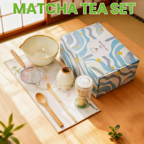 7 Piece Matcha Kit For Beginners With Ceramic Bowl Bamboo Whisk Ceramic Holder Sifter Chashaku Scoop Bamboo Spoon And Tea Towel