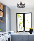 Modern laundry room with Dope 16 Inch 3 Light Modern Semi Flush Mount Ceiling Light With Metal Drum Shade In Warm Brass And Black Finish.