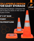 Collapsible 28 Inch Orange Traffic Cone Set For Parking Lot Roadside Emergency Construction Work Zones And Vehicle Safety Reflective Cone Pack Of 3 with flat and extended view showing easy storage design.