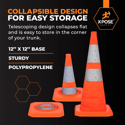 Collapsible 28 Inch Orange Traffic Cone Set For Parking Lot Roadside Emergency Construction Work Zones And Vehicle Safety Reflective Cone Pack Of 3 with flat and extended view showing easy storage design.