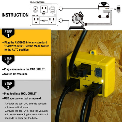 SENCTRL AVS3000 automatic vacuum switch, yellow, installed on plywood with tool outlets and AUTO switch.